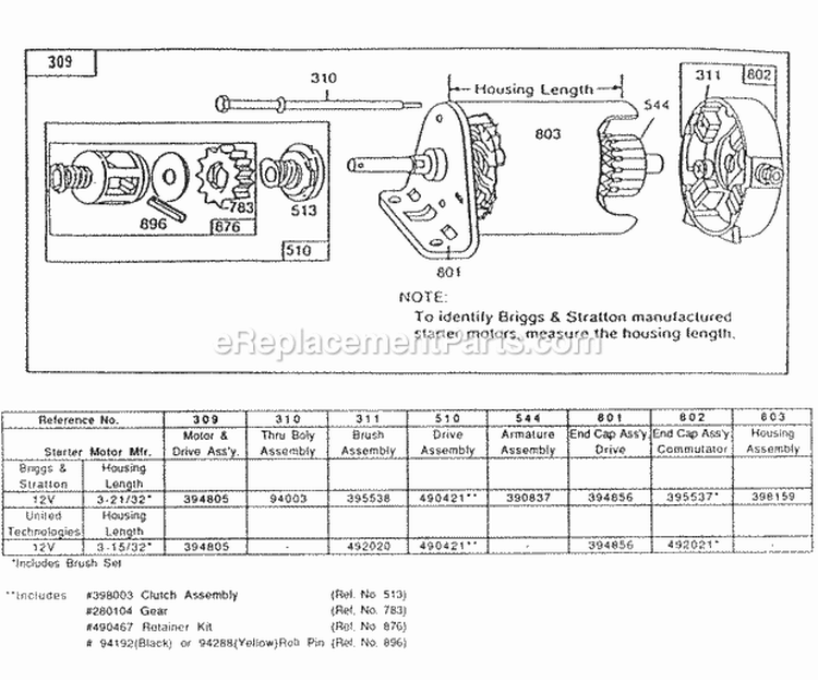 Electric Starter And Chart Diagram and Parts List for  Briggs and Stratton Engine